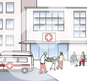 Zwei Personen in Sanitätsuniform schieben eine Trage mit einer Person auf ein Gebäude mit weißem Kreuz auf rotem Untergrund zu. Daneben steht ein Auto mit dem gleichen Symbol.