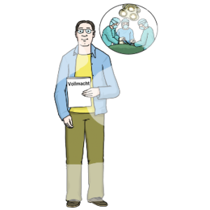 Eine Person mit Unterlagen in der Hand, darauf steht das Wort "Vollmacht". Neben ihrem Kopf ist in einer Blase ein Bild von drei Personen in OP-Kleidung in einem OP-Saal.