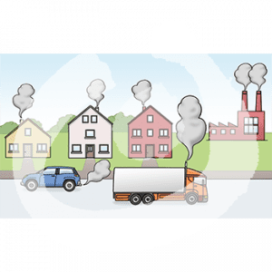 Eine Straße mit Autos aus deren Auspuffs Abgase kommen. Im Hintergrund Häuser und eine Fabrik. Aus den Schornsteinen kommen Abgase.