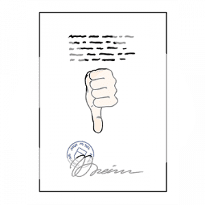 Ein Dokument mit Schrift, einem Daumen nach unten und einem Stempel mit Unterschrift.
