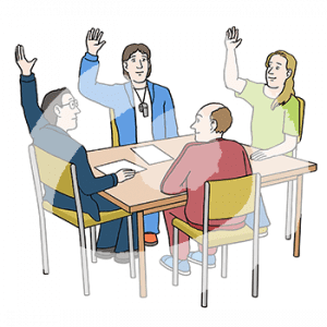 Vier Personen sitzen an einem Tisch. Drei heben einen Arm. Eine Person trägt eine Trillerpfeife um den Hals, eine andere trägt einen Sportanzug.