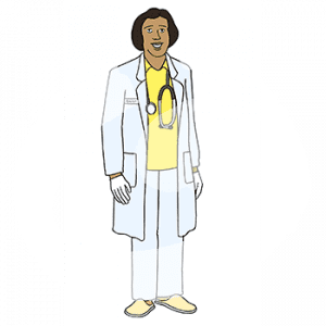 Eine Frau mit dunkler Hautfarbe in weißem Kittel. Sie trägt Handschuhe und ein Stethoskop.