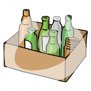 Verschiedene leere Gläser und Flaschen in einer Box.