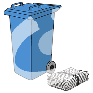 Ein Stapel Zeitungen liegt neben einer blauen Mülltonne.