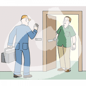 Eine Person steht in einer offenen Haustür. Davor steht ein Mann mit erhobener Hand in Blaumann. In der anderen Hand hält er einen Werkzeugkoffer.