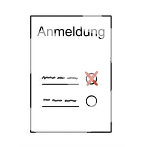 Ein Dokument mit der Überschrift: Anmeldung. Zwei Schriftzüge mit Kreisen daneben, ein Kreis ist mit einem roten Kreuz ausgefüllt.
