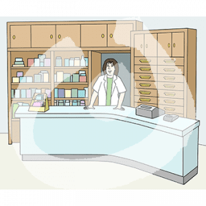 Eine Person in weißem Kittel steht hinter einem Tresen. Hinter ihr sind Schränke und Regale mit Flaschen und Verpackungen.