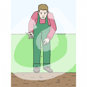 Eine Person in Latzhose steht gebückt und streut Samen aus der Hand in ein Beet.