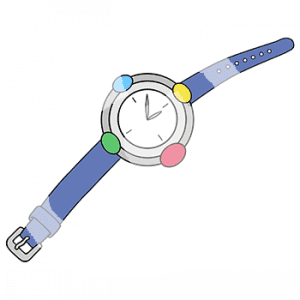 Eine Armbanduhr ohne Ziffern mit einem Strich und einem bunten Punkten bei 9, 12, 15, 18 Uhr.