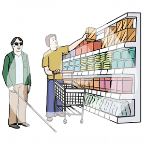 Eine Person mit Langstock steht neben einer Person mit Einkaufswagen, die Ware aus einem Regal nimmt.