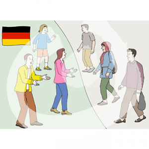 Drei Personen stehen mit ausgebreitenden Armen auf einer grünen Fläche. Im Hintergrund ist eine Deutschlandflagge. Davor stehen drei Personen auf einer beigen Fläche. Eine Person trägt einen Hijab.