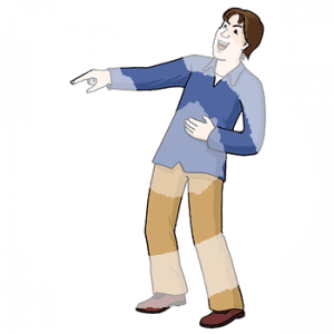 Eine lachende Person hält sich mit einer Hand den Bauch und zeigt mit der anderen auf etwas.