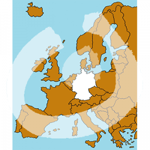 Eine Karte von Europa. Alle Länder sind orange, Deutschland ist weiß.