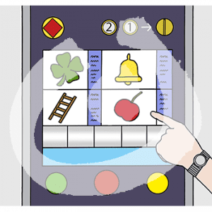 Eine Hand zeigt auf den Bildschirm eines Automaten. Darauf sind vier Symbole. Der Automat hat verschiedene Knöpfe und einen Münzschlitz.