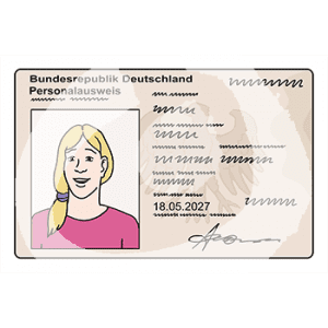 Ein Ausweis mit einem Portrait einer Person, Schrift, Datum und der Überschrift: Bundesrepublik Deutschland Personalausweis.
