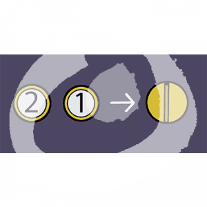 Die Zahlen zwei und eins mit einem Pfeil in Richtung eines Münzschlitzes.