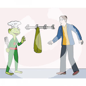 Eine erschrockene Person steht vor einem grünen Männchen mit Kochmütze und Pfannenwender in der Hand.