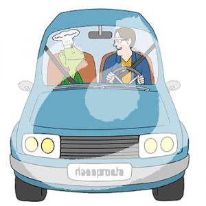 Ein Mann am Steuer eines Autos guckt ein grünes Männchen mit Kochmütze auf dem Beifahrersitz an.