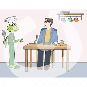 Eine Person sitzt an einem Tisch und hat einen Teller Essen vor sich. Sie guckt zu einem grünen Männchen mit Kochmütze und Pfannenwender in der Hand.