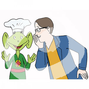 Eine Person sagt einem grünen Männchen mit Kochmütze etwas ins Ohr.