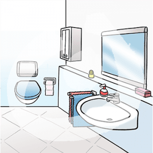 Ein Badezimmer mit Toilette, Waschbecken, Handtuchhalter und Spiegel.