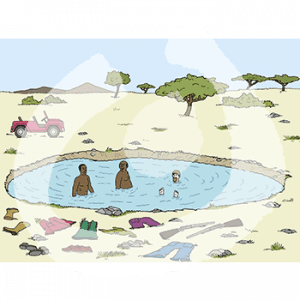 Drei Personen in einer kleinen Wasserstelle. Daneben liegen Klamotten, zwei Gewehre und ein Auto. Im Hintergrund ist Steppe.