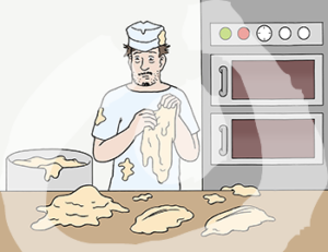 Ein Bäcker hinter einem Tisch, neben ihm ein Backofen. Auf dem Tisch sind Teigklumpen. Der Bäcker hat dunkle Augenringe und viele Flecken auf seiner Kleidung.