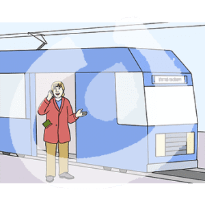 Eine Person steht vor einer blauen Bahn.