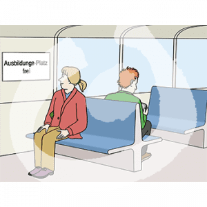 Eine Person sitzt auf einer Bank in einer Bahn.