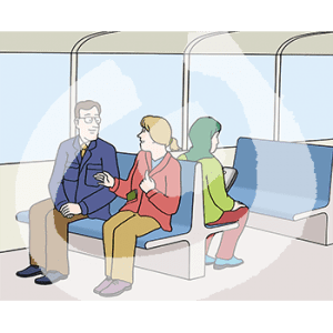 Zwei Personen sitzen gemeinsam auf einer Bank in der Bahn. Dahinter sitzt eine weitere Person.