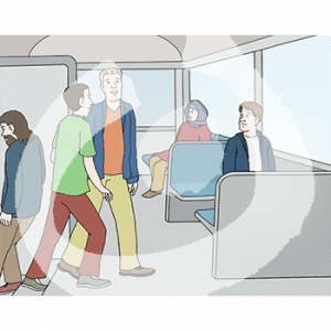 Zwei Personen sitzen in einer Bahn. Eine Person steigt aus der Bahn aus, zwei weitere steigen ein.