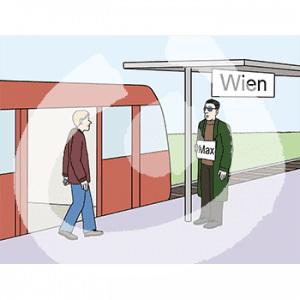 Eine Person steigt aus einer Bahn aus. Eine andere Person steht mit einem Schild auf dem Gleis.