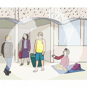 Eine Person sitzt auf einer Decke vor einem Gebäude. Aus dem Gebäude kommen zwei Personen, eine mit Koffer, eine mit Aktentasche. Eine weitere Person geht mit Rucksack auf das Gebäude zu.