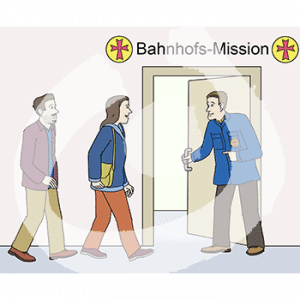 Zwei Personen gehen auf eine offene Tür zu. An der Tür steht eine Person in blauer Jacke mit dem Bahnhofsmissionslogo. Über der Tür steht: Bahnhofsmission neben zwei weiteren Logos.