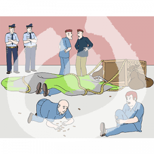 Ein Heißluftballon liegt auf dem Boden, unter dem Tuch gucken zwei Füße hervor. Zwei Personen in Sträflingskleidung hocken auf dem Boden. Eine dritte Person in Sträflingskleidung diskutiert mit einer vierten Person. Zwei Personen in Wärteruniform stehen mit verschränkten Armen im Hintergrund.