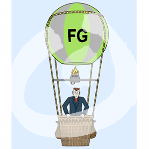 Eine Person steht im Korb eines fliegenden Heißluftballons.