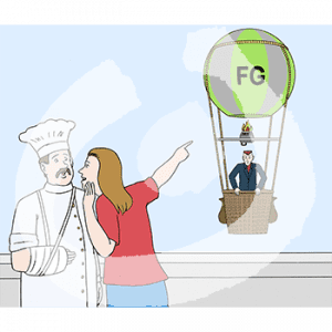 Eine Person sagt einer anderen Person in Kochjacke und Kochmütze mit gegipstem Arm etwas ins Ohr. Sie zeigt auf eine Person die im Korb eines fliegenden Heißluftballons steht.