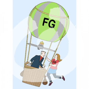 Eine Person hängt außen am Korb eines fliegenden Heißluftballons. Im Korb steht eine andere Person.