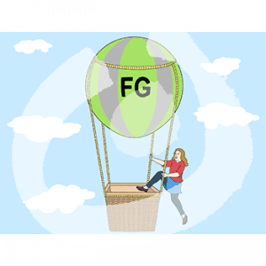 Eine Person klettert in den Korb eines fliegenden Heißluftballons.