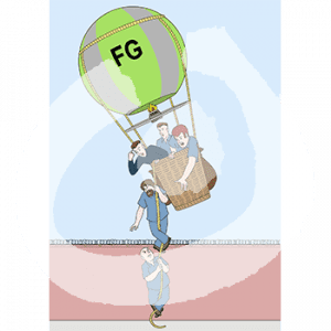 Drei Personen stehen im Korb eines fliegenden Heißluftballons über einer Mauer mit Stacheldraht. Zwei Personen tragen Sträflingskleidung. Eine vierte und fünfte Person in Sträflingskleidung klettern an einem Seil in den Korb.