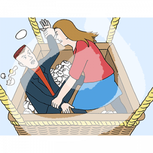 Zwei Personen kämpfen in einem Ballonkorb. Im Korb liegen viele Eier.