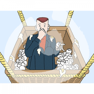 Eine Person sitzt zwischen vielen zerbrochenen Eiern in einem Ballonkorb und hält sich die Nase zu.