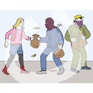 Zwei vermummte Personen haben Säcke mit Geld in der Hand. Eine der Personen übergibt einen Sack einer weiteren Person.