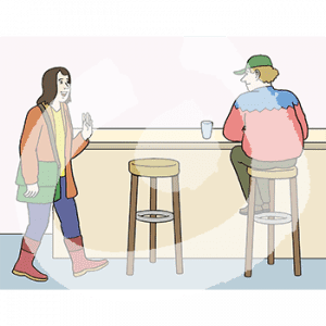 Eine Person sitzt an einer Theke und guckt eine weitere Person an, die winkend auf die Theke zuläuft.