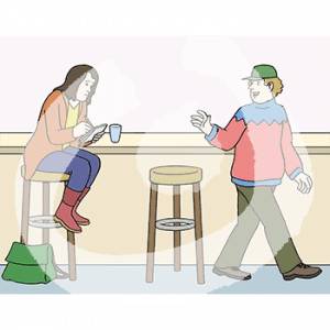 Eine Person sitzt an einer Theke und schreibt etwas in ein Notizblock. Eine weitere Person verlässt die Theke und winkt.