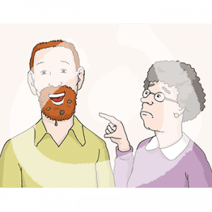 Zwei Personen im Portrait. Eine Person hat Essensreste im Bart, die andere zeigt auf den Bart.
