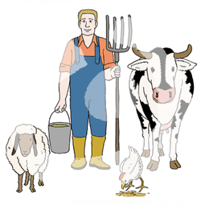 Eine Person mit Latzhose, Gummistiefeln trägt einen Eimer und eine Forke. Um sie herum steht ein Huhn, ein Schaf und eine Kuh.