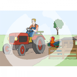 Eine Peron in Latzhose und Gummistiefeln sitzt auf einem Traktor. Daneben ist ein Hühnerhaus, ein Hahn sitzt auf dem Zaun.