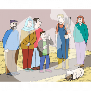 Sechs Personen in einem Raum mit Stroh und einem Schaf. Eine Person trägt eine blaue Latzhose, Gummistiefel und eine Forke.