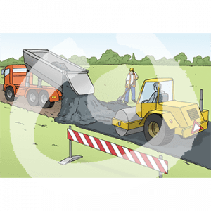 Ein Kipplaster kippt Teer auf eine Straße, dahinter fährt eine Walze. Neben der Straße steht eine Person mit Warnweste, Schutzhelm, Handschuhen und Schaufel.